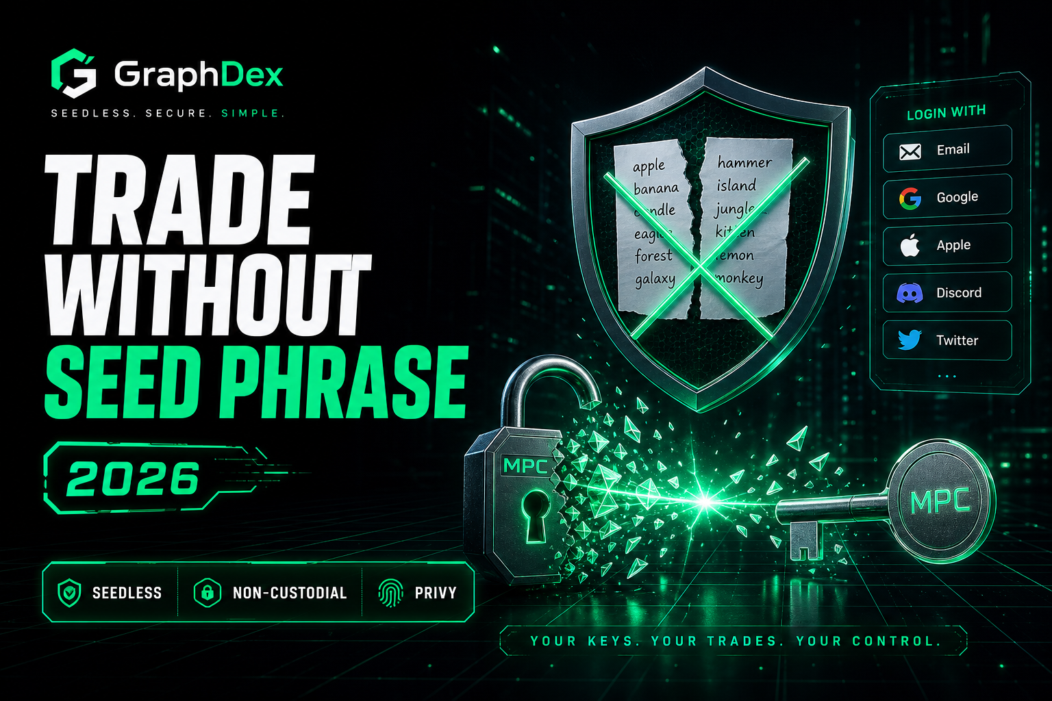 Trade crypto without a seed phrase in 2026 — GraphDex seedless wallet guide