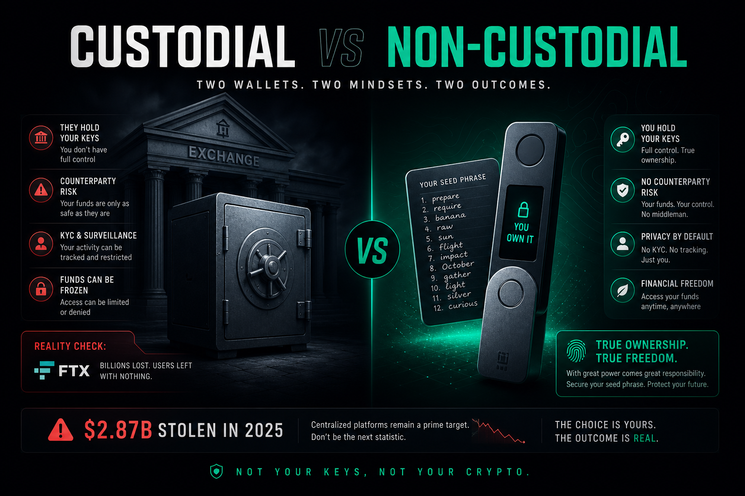 Custodial vs non-custodial crypto wallet 2026 — keys control comparison