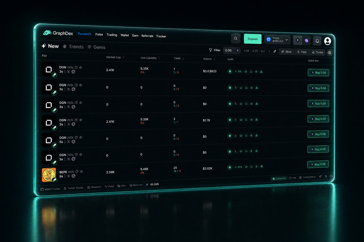 GraphDex trading terminal — Research view with new Solana token pairs