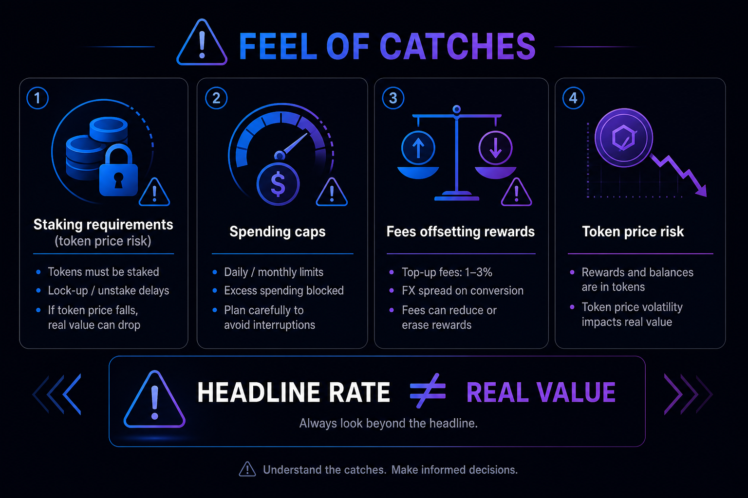 Crypto card rewards catches 2026 — staking caps fees token risk