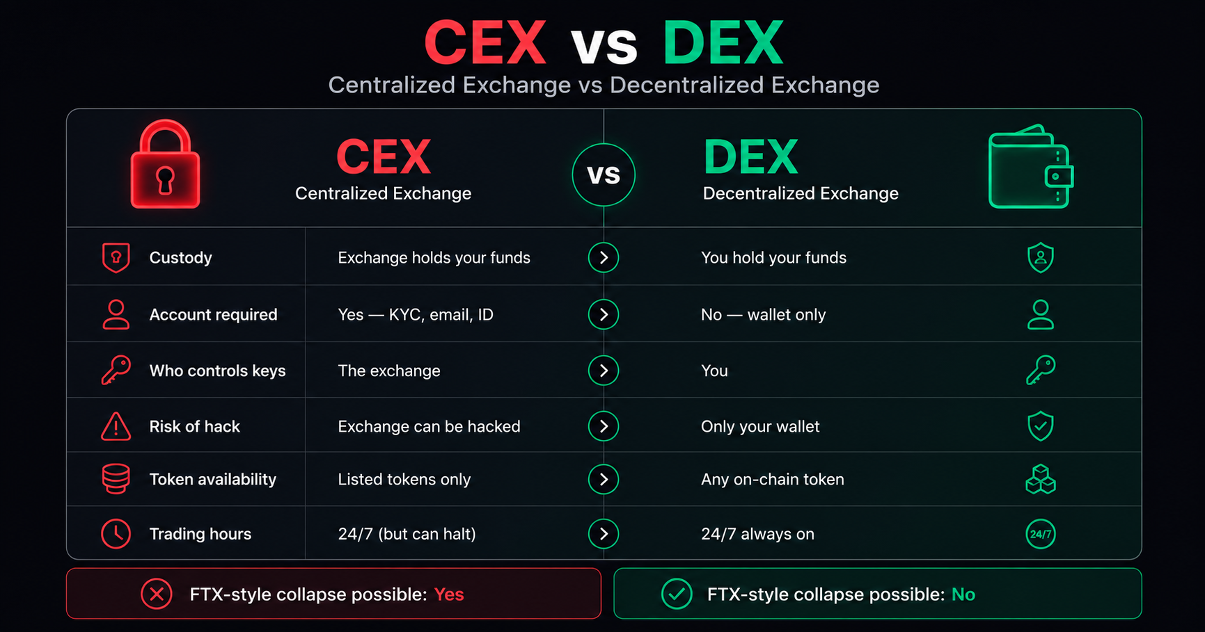 DEX vs CEX comparison 2026 — decentralized vs centralized exchange differences