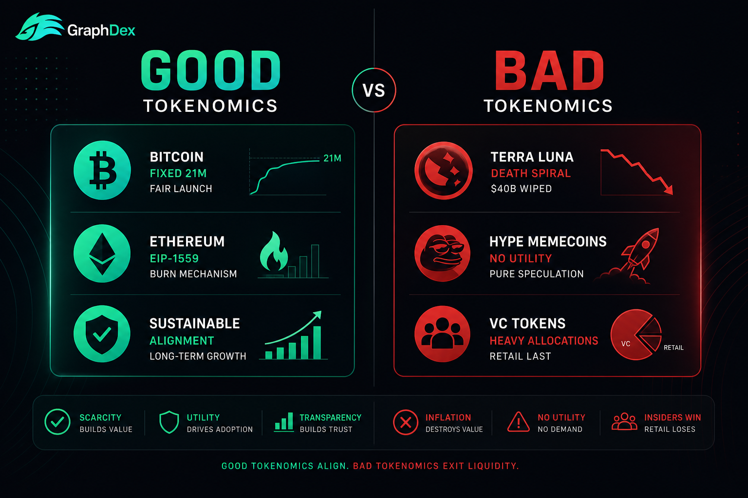 Good vs bad tokenomics 2026 — Bitcoin Ethereum vs Terra Luna death spiral
