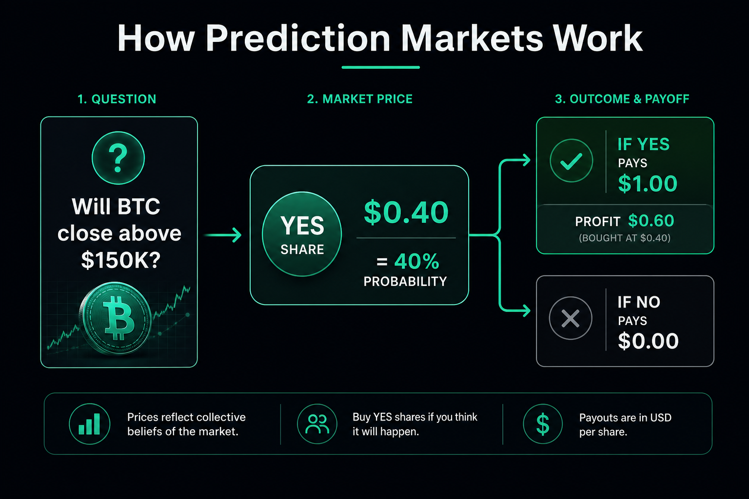 How prediction markets work — shares priced 0 to 1 probability explained 2026