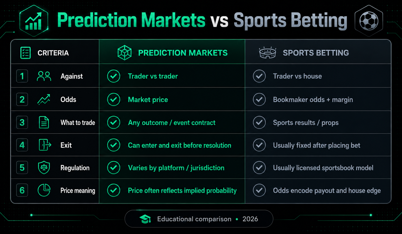 Prediction markets vs sports betting comparison table 2026
