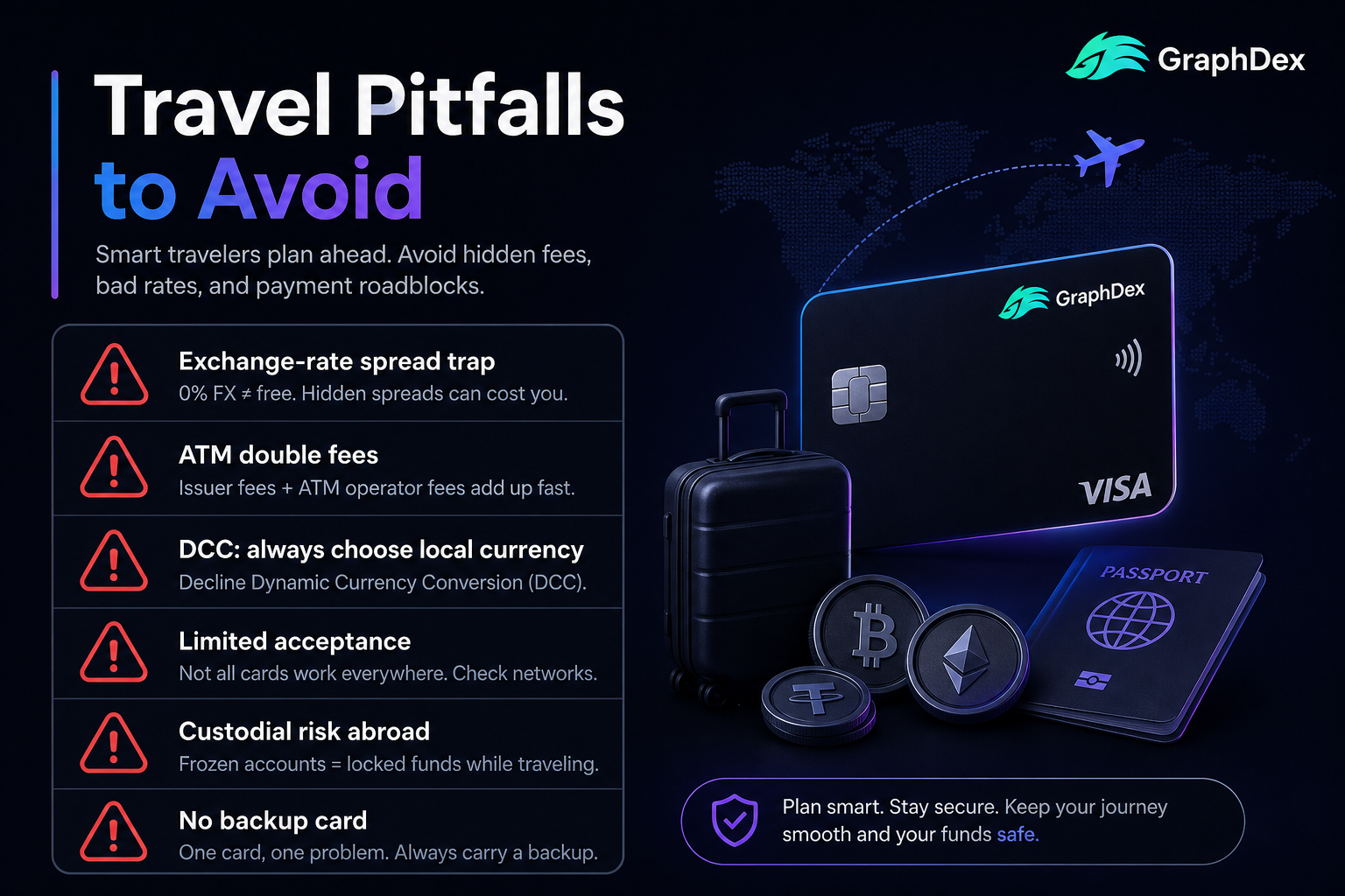 Travel crypto card pitfalls 2026 — spread ATM DCC custodial